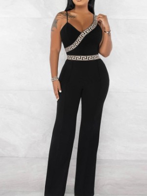 Patchwork Spaghetti Straps Straight Jumpsuits