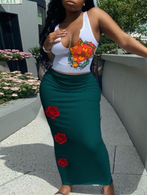 Flower Heart Printed Cropped Skirt Sets