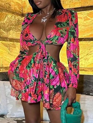 Floral Printed Tie-wrap Cropped Skirt Sets