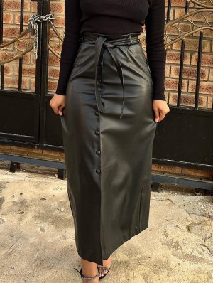 PU Patchwork Tie-wrap Split Hem Skirts