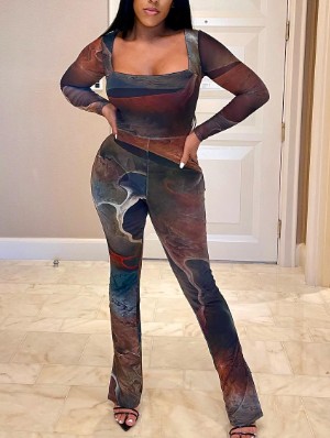 Gauze Colorblock Square Neck Flared Jumpsuits