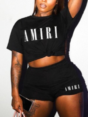 Letter Printed Loose Pullover Short Sets