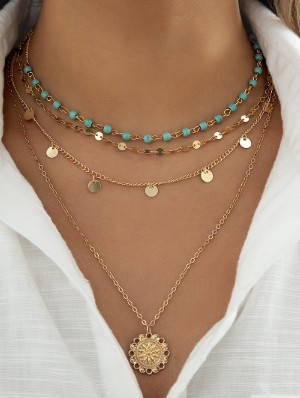 Chain Layered Mixed Material Annular Necklaces