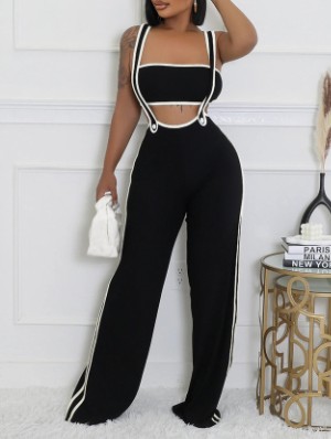 Patchwork Rib Backless Tank And Jumpsuits Sets