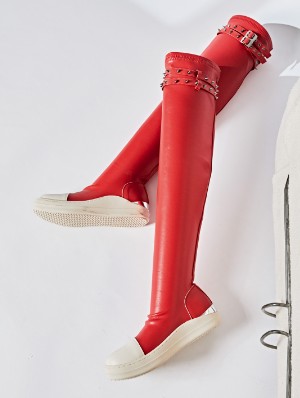 PU Patchwork Rivet Buckle Long Tube Boots