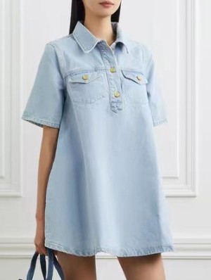 Washed Denim Buckle Pockets Mini Dress