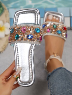Rhinestone Pure Color Flat Heel Slippers