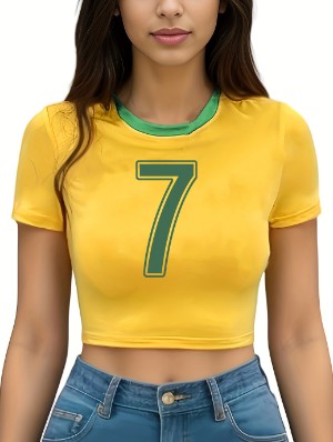 Colorblock Number Pattern Cropped T-shirts