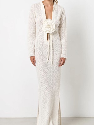Embroidery Stereo Flower Split Hem Long Sleeves Maxi Dresses