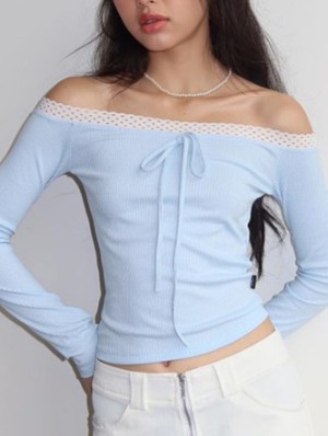 Ribbed Lacework Off Shoulder Fitted Tops