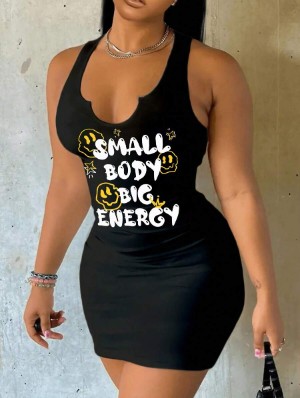 Smile Face Letter Printed Sleeveless Mini Dress