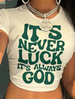 Letter Print Round Neck Loose Cropped T-shirts