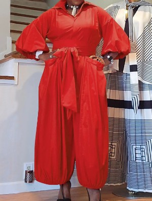 Lace-Up Solid Color Lantern Sleeve Jumpsuits 