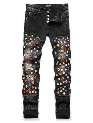 Multicolored Rivet Metal Decor Men's Jeans