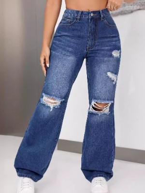 Trendy Ripped Cotton Wide Leg Jeans Women