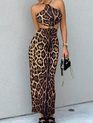 Leopard Print Hollow-out Backless Maxi Dresses
