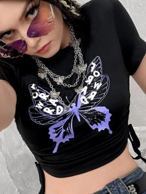 Butterfly Pattern Round Neck Cropped T-shirts