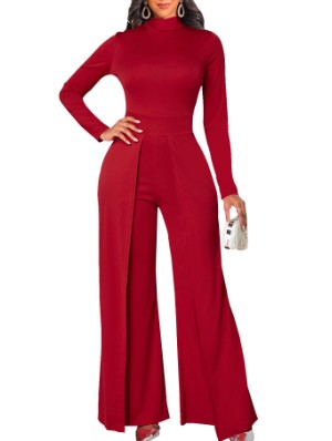 Patchwork Solid Color Long Sleeve Wide Leg Jumpsuit 