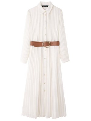 Pleated With Belt Long Sleeve Chiffon Midi Dress