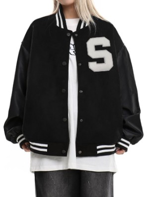Letter Striped Trim PU Patchwork Baseball Jacket