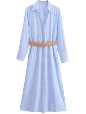 Striped With Belt Single Breasted Long Sleeves Dress