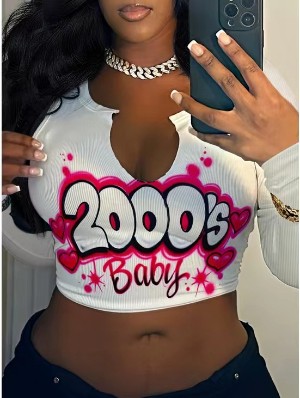 2000's Baby Pattern Long Sleeve Cropped Tops