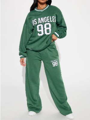 Letter Number Print V Neck Loose Pant Sets