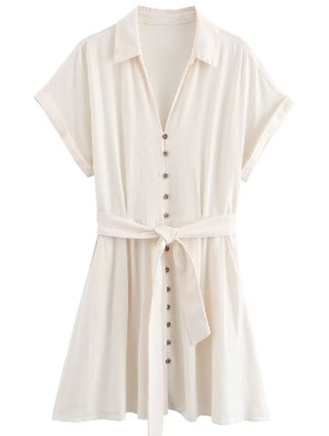 Single Breasted V Neck Short Sleeve Shirt Dress