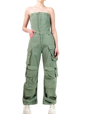 Patchwork Strapless Cargo Green Jumpsuit
