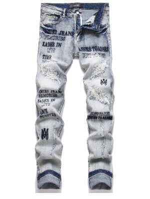 Embroidery Ripped Washed Men's Jeans