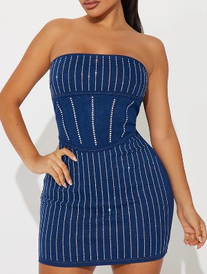 Hotfix Rhinestones Strapless Denim Dress
