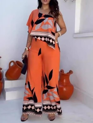 Colorblock Print One-shoulder Wide Leg Jumpsuits