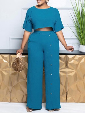 Plain Cropped Buckle Wide Leg Pant Sets