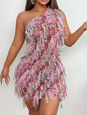 Colorblock Fringe One Shoulder Mini Dress