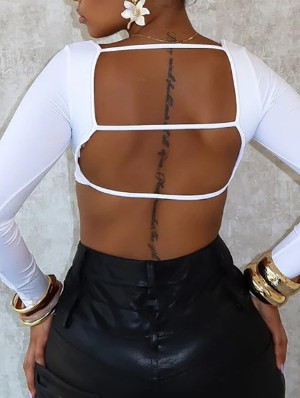 Pure Color Backless U Neck Cropped Long Sleeve Top
