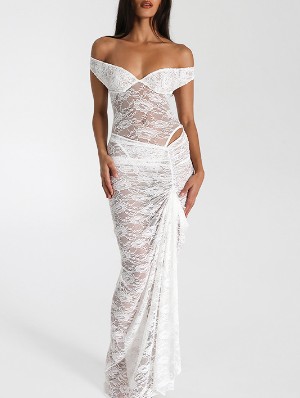 See Through Off Shoulder High Rise Lace Skirt Sets
