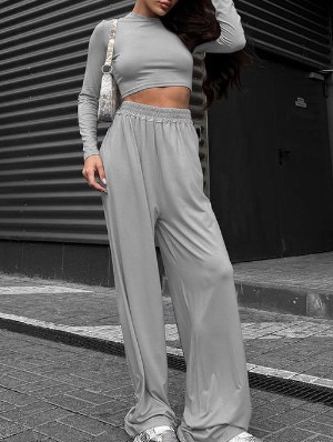 Solid Color Wide Leg Long Sleeve Pant Sets