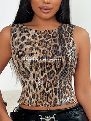 Leopard Sequin Lace Backless Tanks