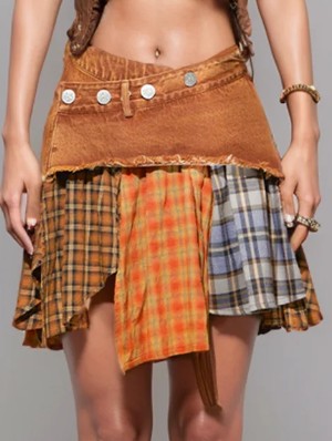 Fuzzy Trim Plaid Low Rise Denim Skirts