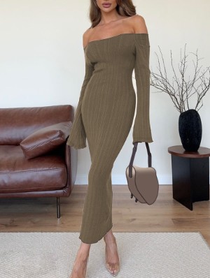 Solid Color Off Shoulder Trumpet Sleeve Maxi Dress