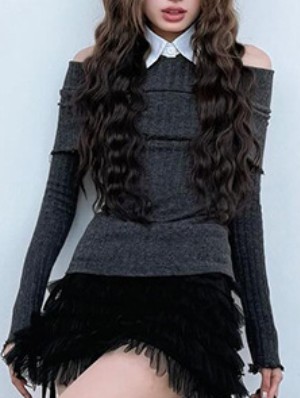 Plain Color Striped Off Shoulder Fitted Tops