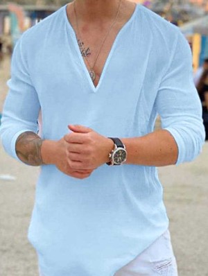 Pure Color V Neck Long Sleeve Men's Tee