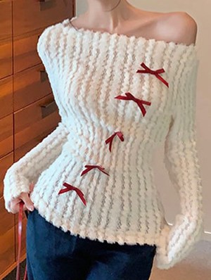 Bow Patchwork Fluff Off Shoulder Tops