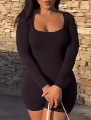 Solid Color Bodycon Long Sleeve Rompers