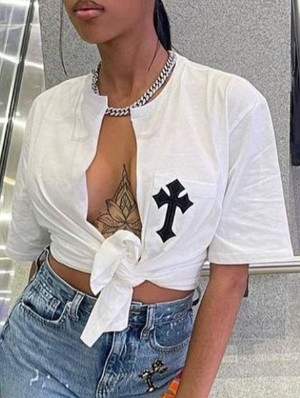 Cross Print Tie-wrap Loose T-shirts