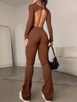 Pure Color Backless Long Sleeve Jumpsuits