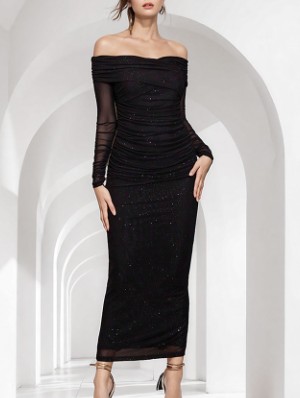 Shiny Off Shoulder Ruched Split Hem Dress