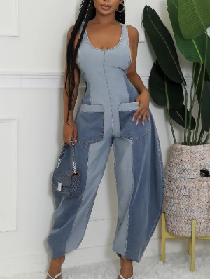 Colorblock Denim Loose Overalls Jumpsuits
