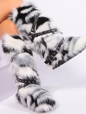 Colorblock Fluff Cross Belt Thigh-High Boots