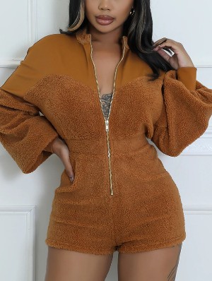 Fluffy Fleece Patchwork Long Sleeve Zipper Rompers